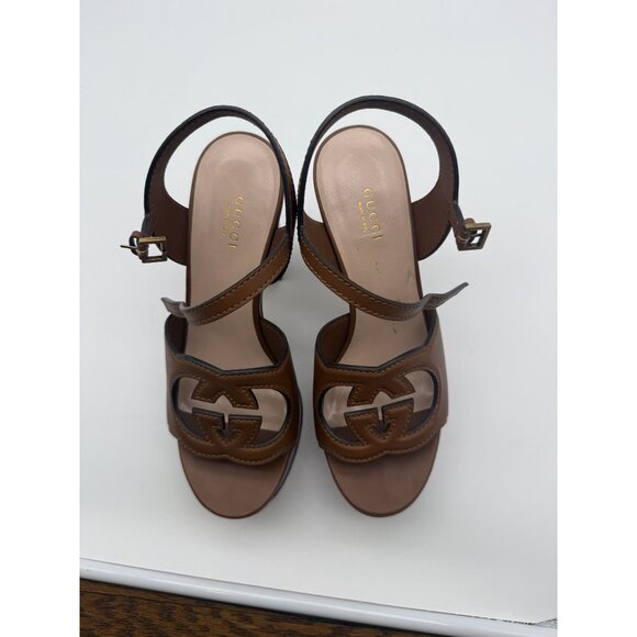 Gucci Brown Leather Platform Sandals With GG Cut-Out Design Size 38.5 EU - Picture 1 of 8